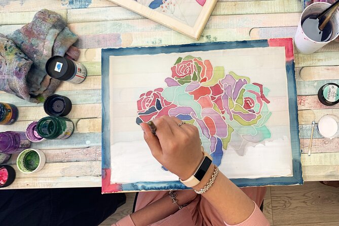 Private Silk Wall Hanging Painting Workshop in Jerusalem - The first stage: gutta outlines the silk